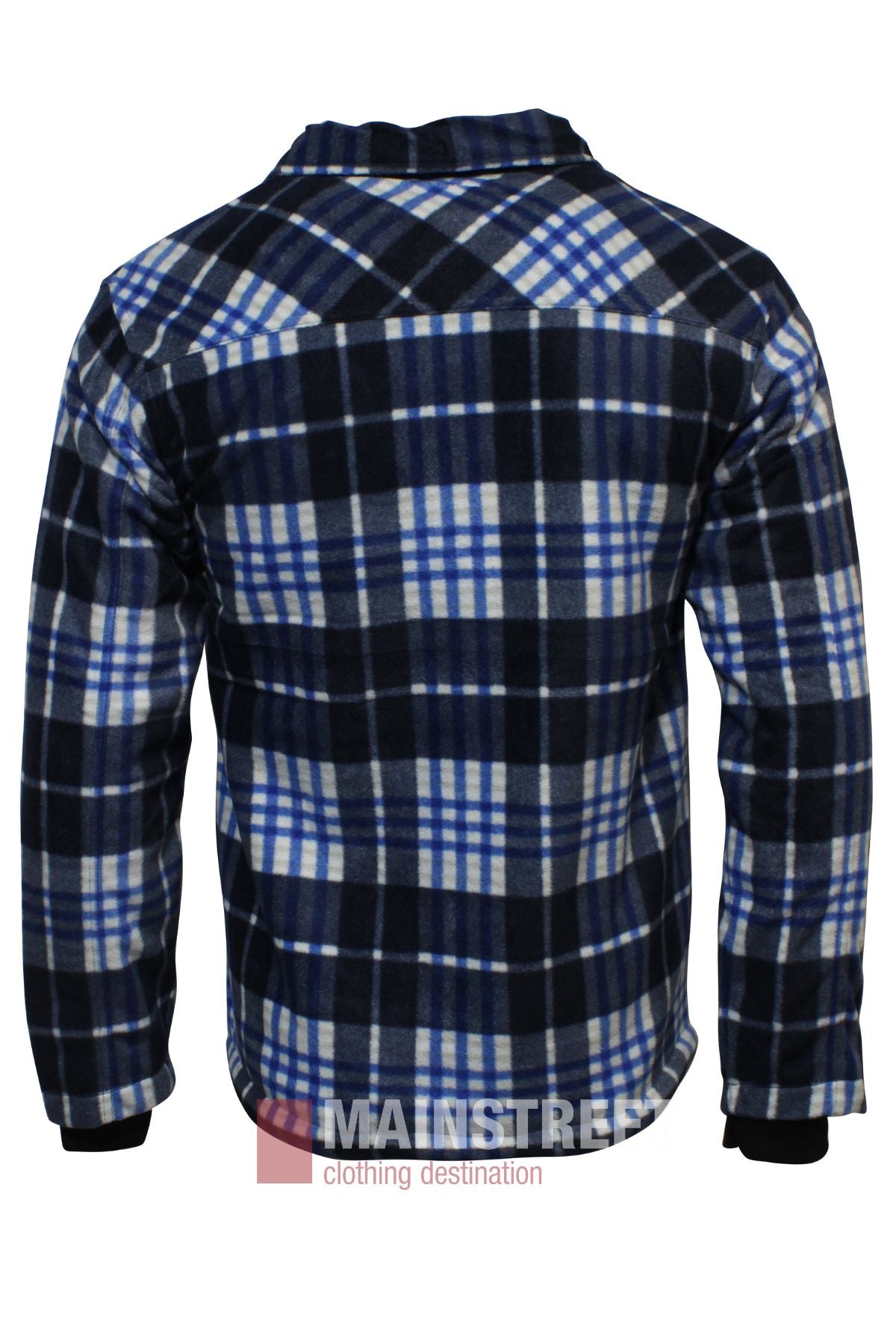 Back view of the Pilbara Sherpa Lined Check Jacket, showcasing its blue, white, and black plaid pattern on a plain white background—ideal as a cozy winter jacket.