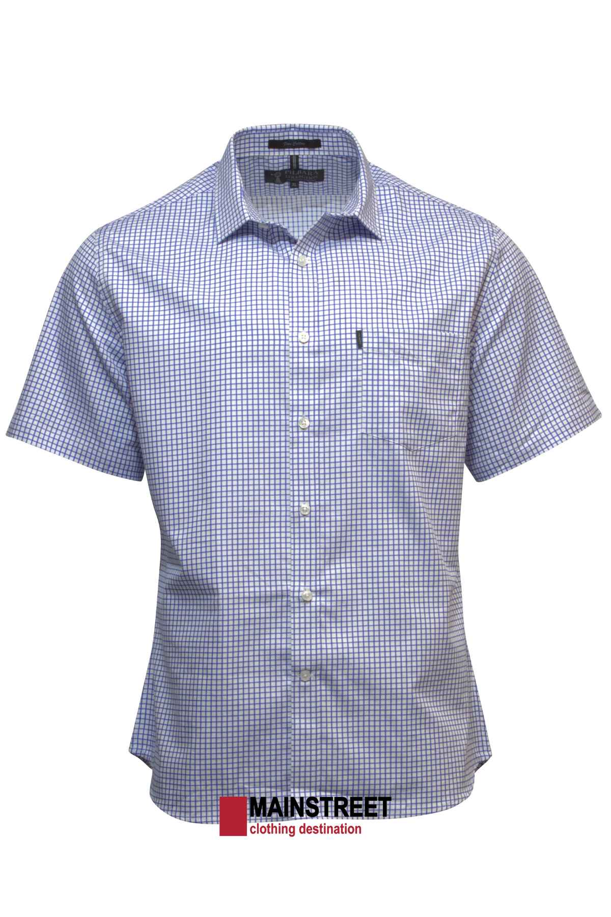 Introducing the Pilbara Short Sleeve Check Single Pocket Shirt for men, showcasing a light blue and white checkered pattern. This button-up shirt includes a front pocket on the left side and is displayed against a plain white background. Beneath the shirt's hem, you will find the logo for "Mainstreet, clothing destination.