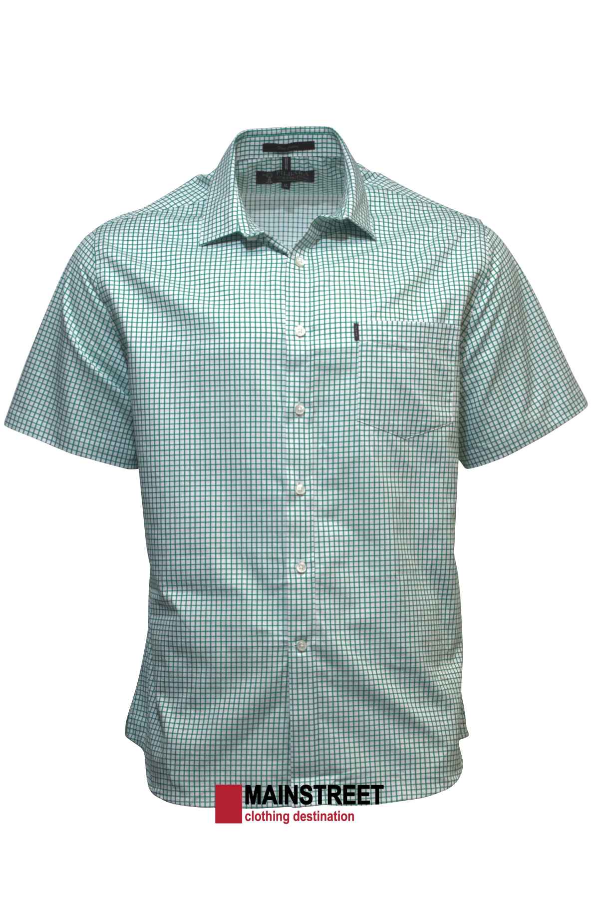 Introducing the Pilbara Short Sleeve Check Single Pocket Shirt – a stylish, button-up shirt with a green and white checkered pattern. It features a convenient left chest pocket and is presented on a plain white background. Below the shirt, you'll find our logo accompanied by the text "MAINSTREET clothing destination.