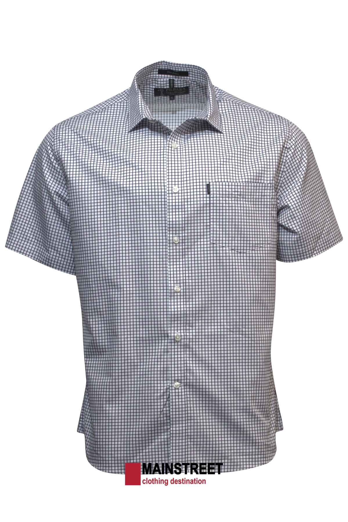 The Pilbara Short Sleeve Check Single Pocket Shirt features a small checkered pattern in shades of white, blue, and gray. This short-sleeved, button-up shirt includes a pocket on the left chest and a collar. It is showcased against a plain white background with the "MAINSTREET clothing destination" logo at the bottom.