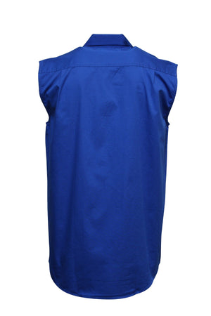 A back view of the Pilbara Sleeveless Closed Front Shirt, a sleeveless blue 100% cotton work shirt with a collar, button-up front, loose fit, designed for comfort and durability.