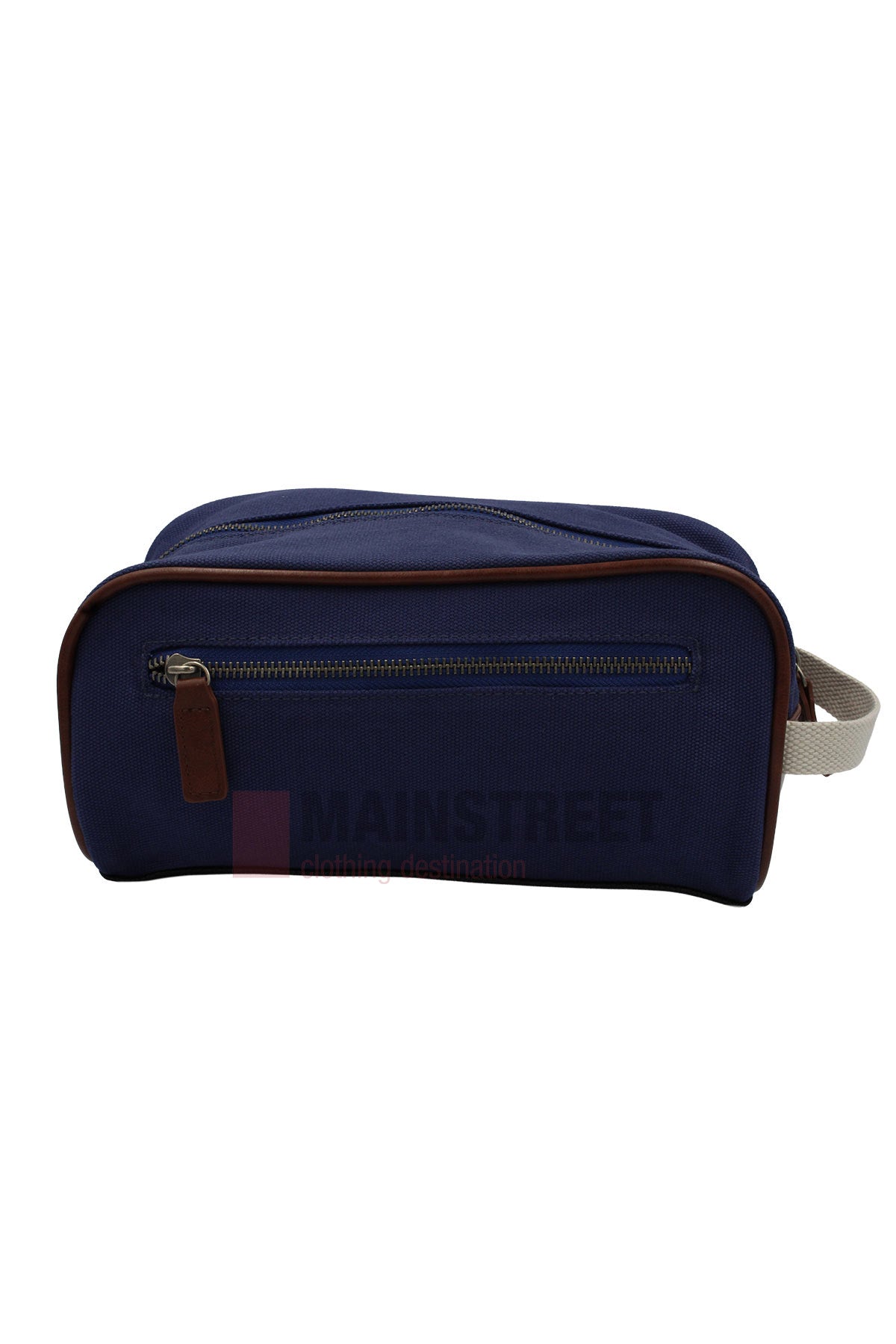 The Pilbara Toiletry Bag is a navy blue premium canvas bag with a brown zipper and trim, front zippered pocket, and beige side handle, ideal for organizing travel essentials. Shown against a white background.