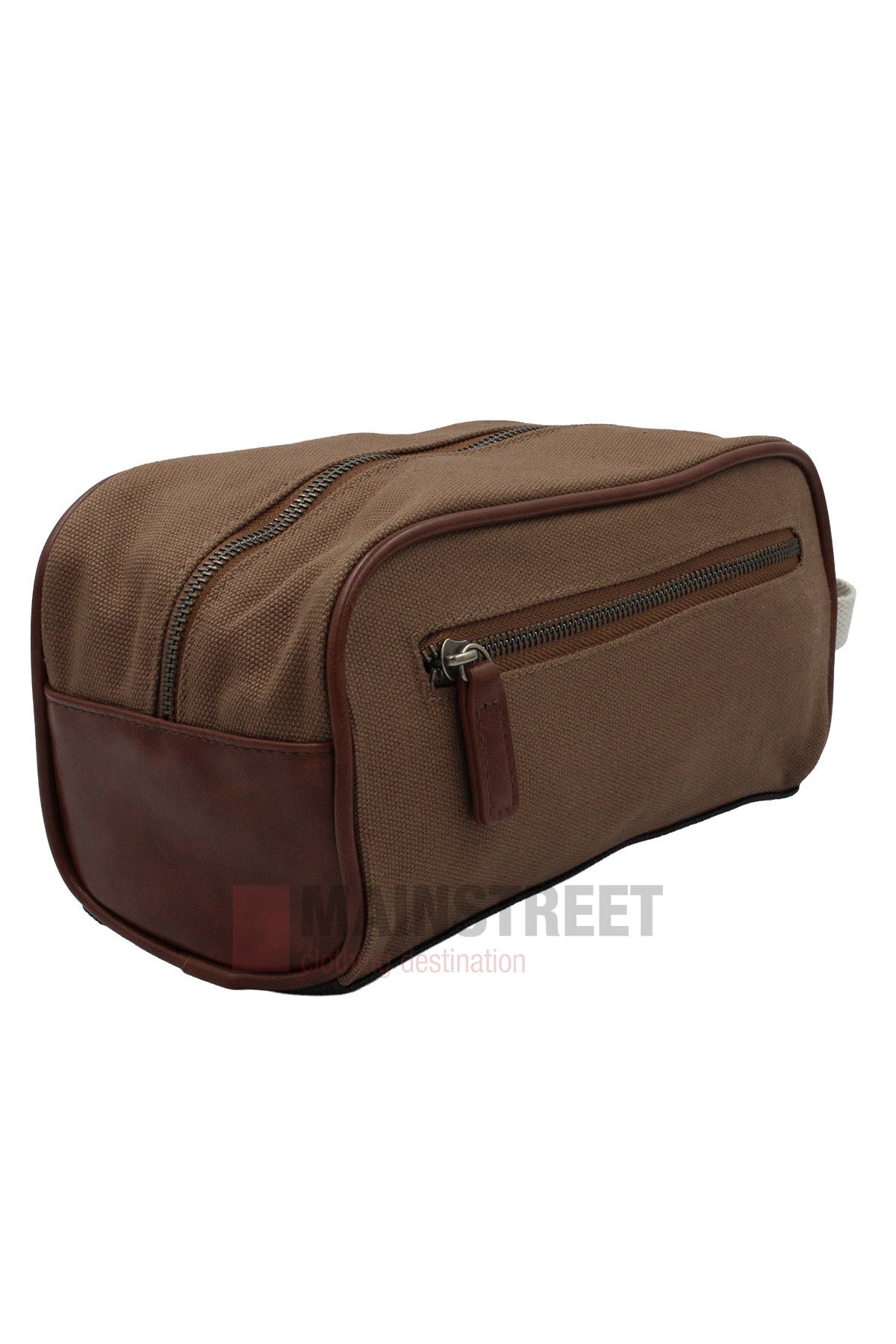 The Pilbara Toiletry Bag is a brown rectangular premium canvas bag with top and front zippered pockets, featuring leather accents on corners and zipper pulls—ideal for luxury travel.