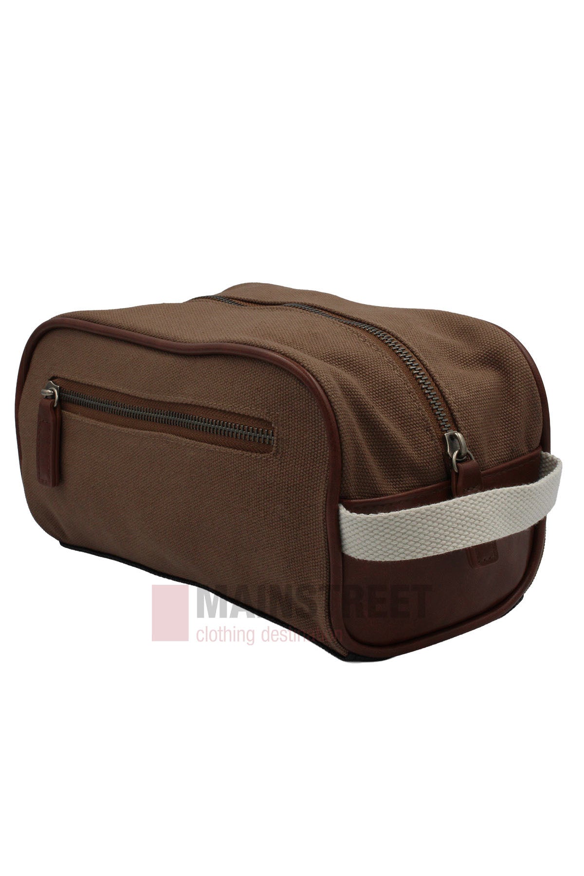 The Pilbara Toiletry Bag is a brown rectangular canvas bag with a top zipper, side zipper pocket, and white fabric handle—ideal for luxury travel.