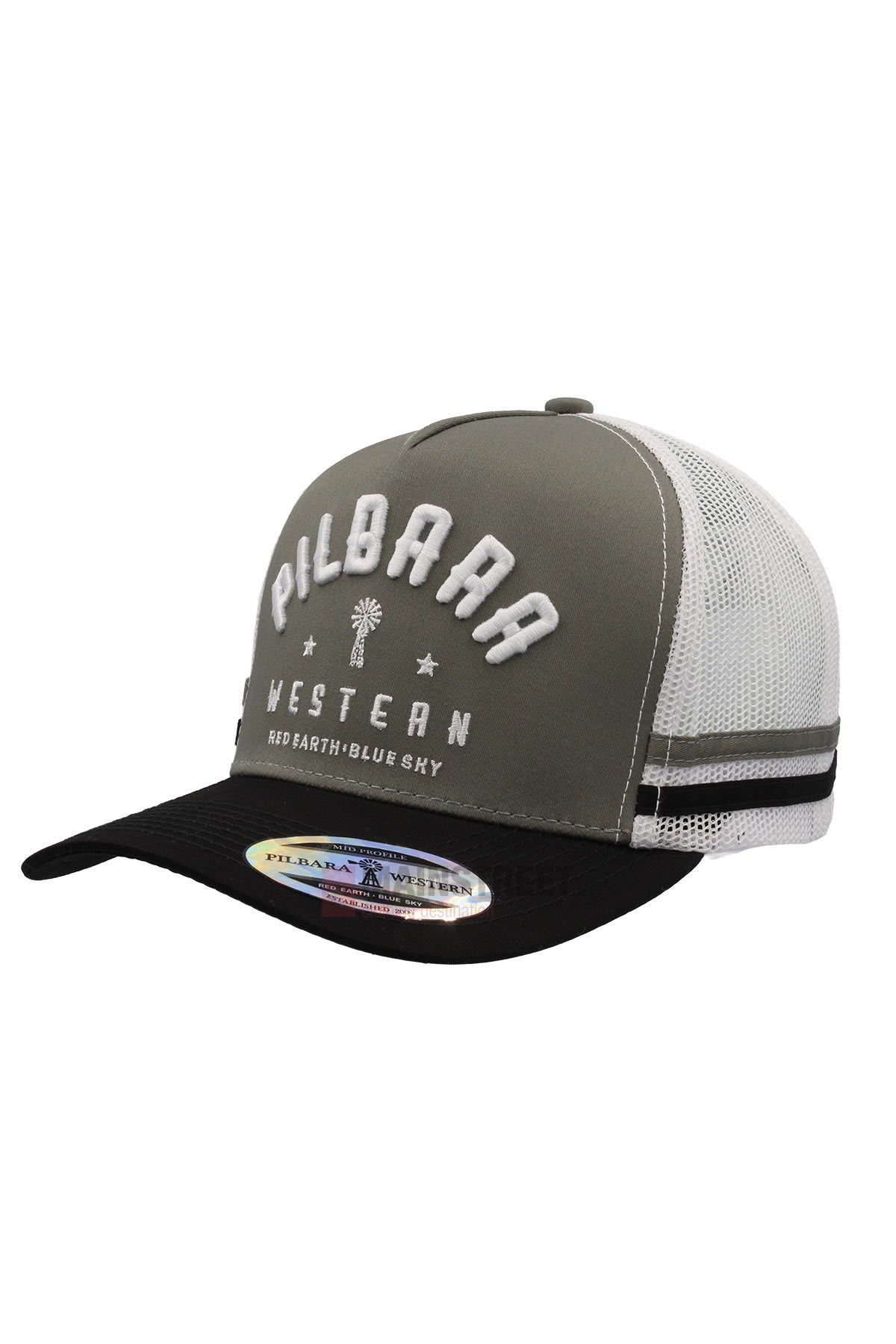 The Pilbara Western Classic Cap features a gray front, black flat brim, mesh back, two black stripes, and an embroidered logo with raised white "PILBARRA WESTERN," "RED EARTH. BLUE SKY.," and a small tree design.