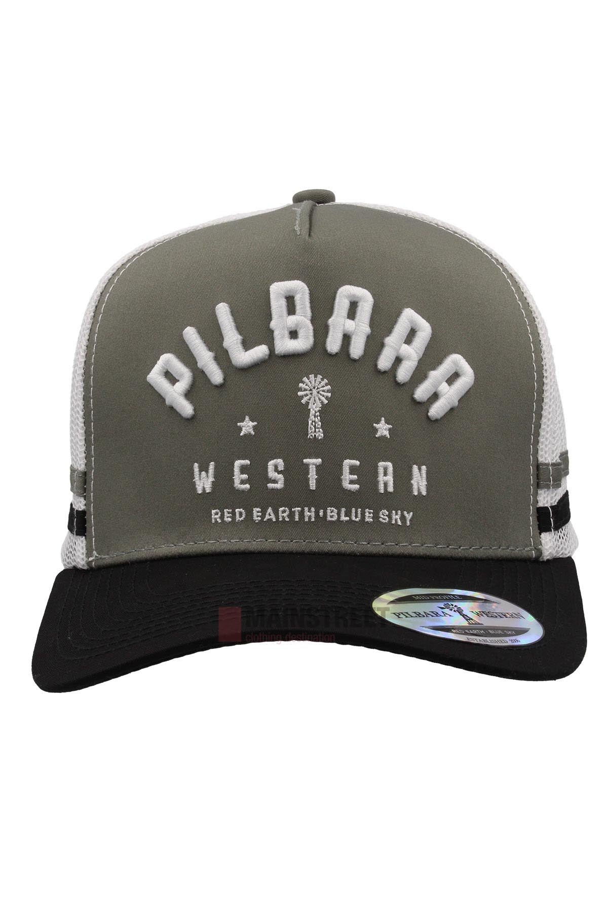 Front view of the Pilbara Western Classic Cap, featuring an embroidered "PILBARA WESTERN" and "RED EARTH BLUE SKY" logo with a palm tree, gray and black colorway, and a breathable mesh back.