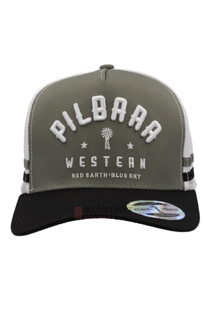 Front view of the Pilbara Western Classic Cap, featuring an embroidered "PILBARA WESTERN" and "RED EARTH BLUE SKY" logo with a palm tree, gray and black colorway, and a breathable mesh back.