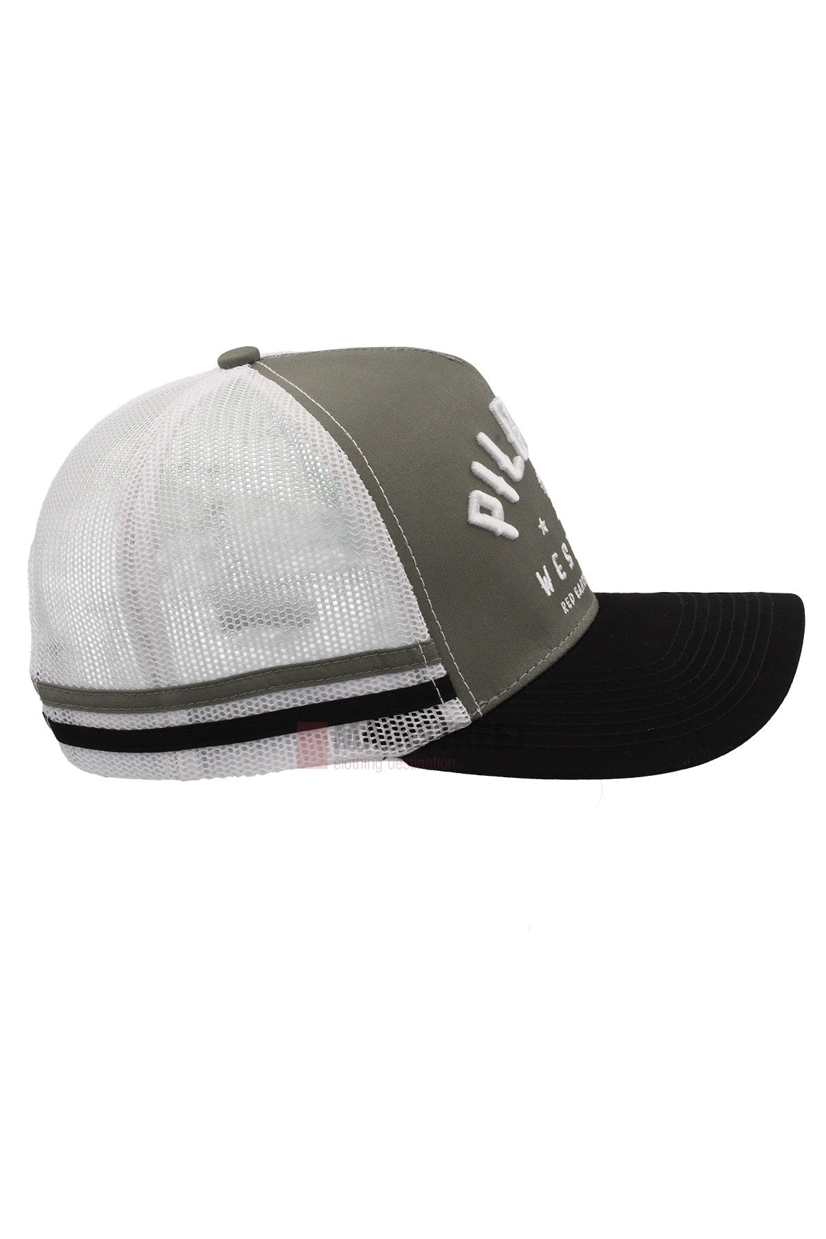 Side view of the Pilbara Western Classic Cap with a gray front panel, black curved brim, mesh back, and two black stripes. Features an embroidered logo in white lettering on the front.