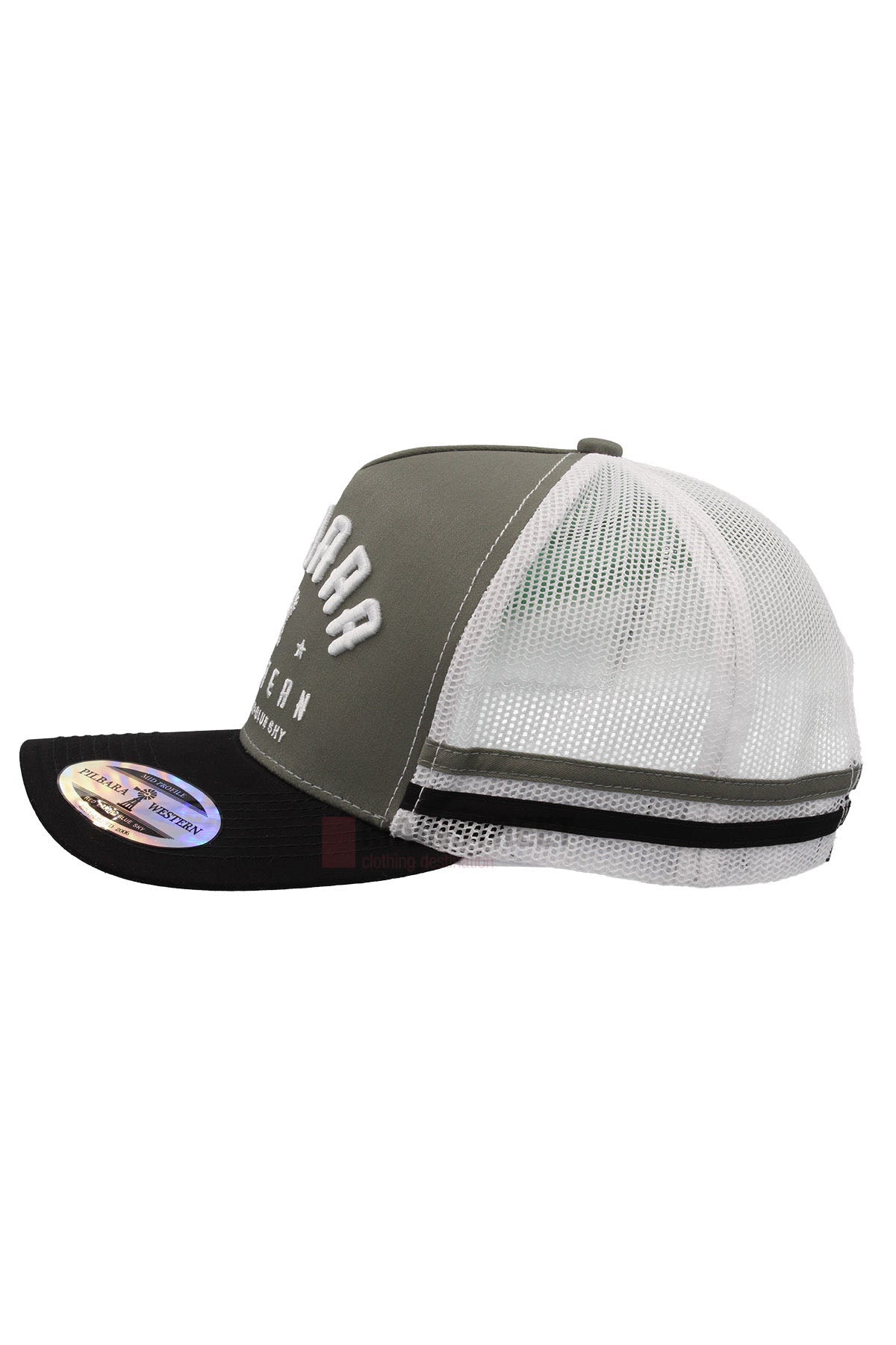 A side view of the Pilbara Western Classic Cap shows a black brim, olive green front panel with white text, and a breathable mesh back featuring black stripes near the adjustable strap.