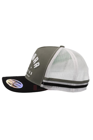 A side view of the Pilbara Western Classic Cap shows a black brim, olive green front panel with white text, and a breathable mesh back featuring black stripes near the adjustable strap.