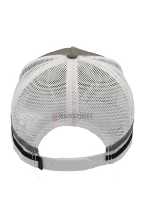 The Pilbara Western Classic Cap is a gray and white trucker cap with a mesh back, adjustable white snap closure, black side trimming, and is shown from the back.