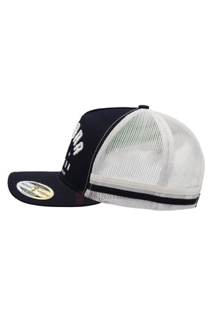 Side view of the Pilbara Western Classic Cap showcasing a black brim, breathable mesh back, black adjustable strap, raised embroidered logo lettering on the front panel, and a round sticker on the brim.