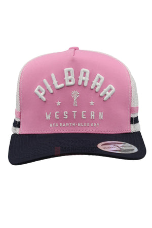 The Pilbara Western Classic Cap is a pink and white trucker hat with a black brim, "PILBARA WESTERN" and "RED EARTH. BLUE SKY" in white embroidery, a tree design, and a mesh back for comfort.