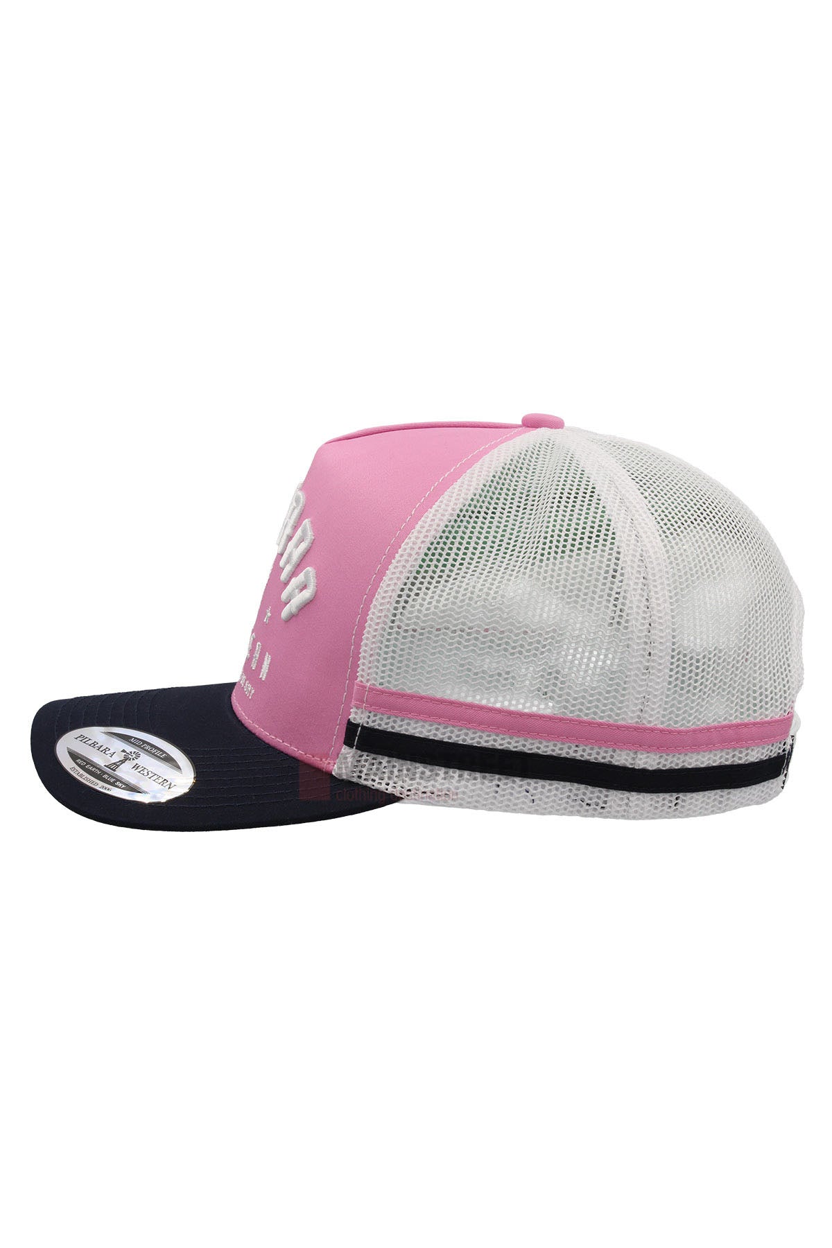 The Pilbara Western Classic Cap features a pink front panel, black curved bill with a black and white stripe above it, breathable mesh back, and a white embroidered logo on the front.