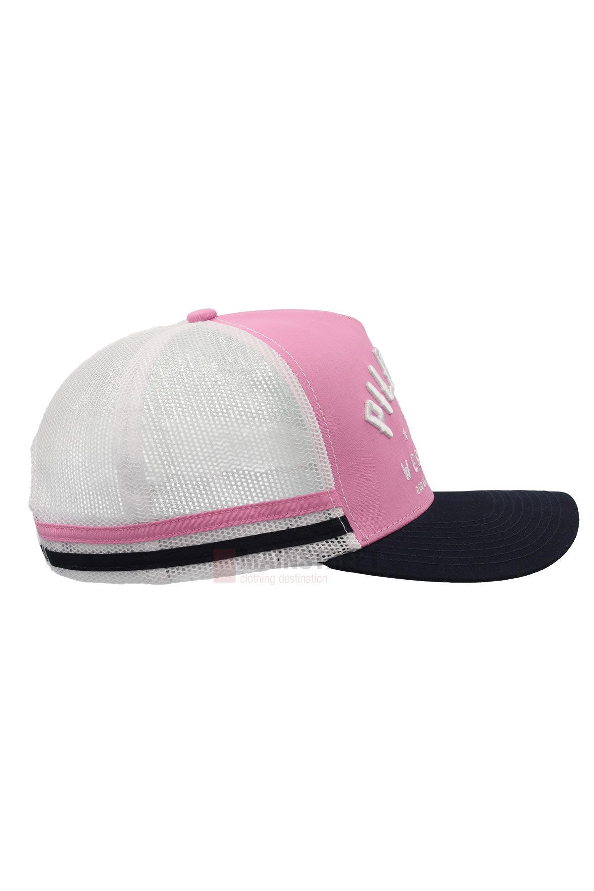 A side view of the Pilbara Western Classic Cap shows a pink front panel, white mesh back, and navy blue curved brim. White lettering is partially visible on the front.