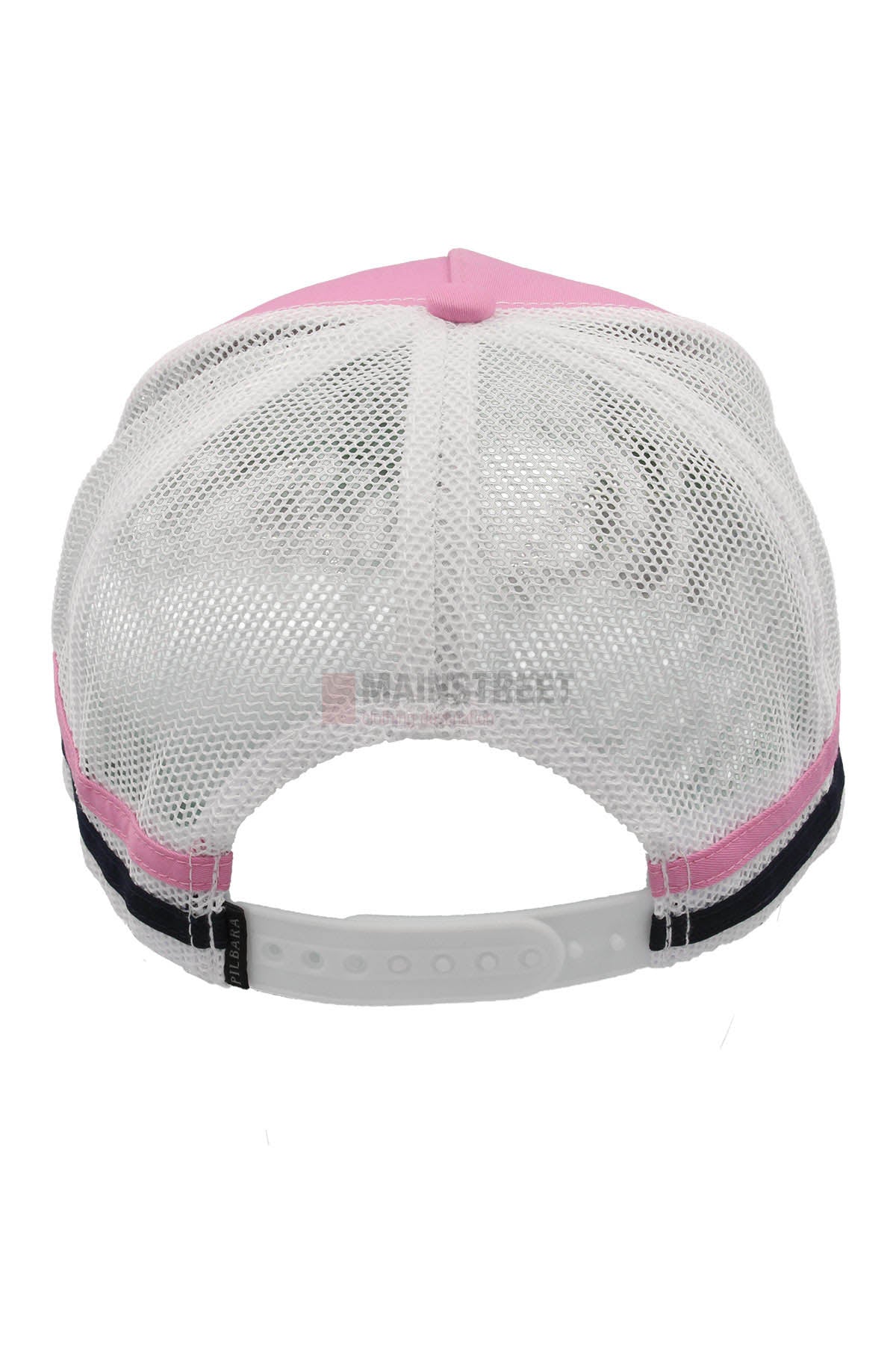Back view of the Pilbara Western Classic Cap with breathable mesh back panels, a white adjustable snapback closure, and a pink fabric top.