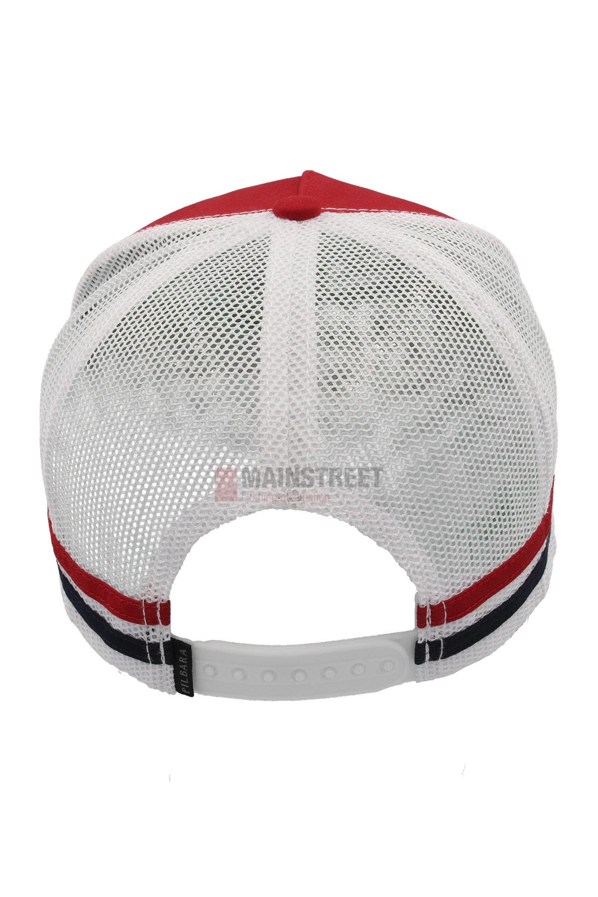 Back view of the Pilbara Western Classic Cap in red and white, featuring a breathable mesh back, adjustable snapback closure, and a red, white, and black striped band above the closure.