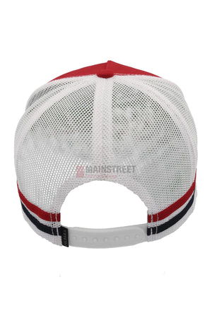 Back view of the Pilbara Western Classic Cap in red and white, featuring a breathable mesh back, adjustable snapback closure, and a red, white, and black striped band above the closure.