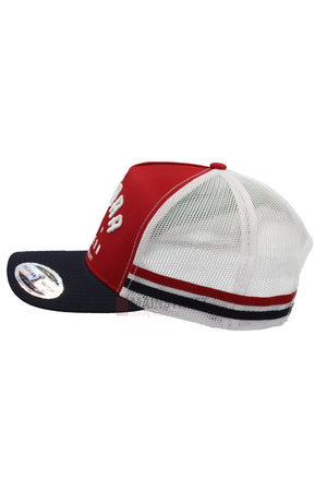 Side view of the Pilbara Western Classic Cap featuring a red front, navy blue brim, mesh back, embroidered logo, stripes detail, and a sticker on the brim.