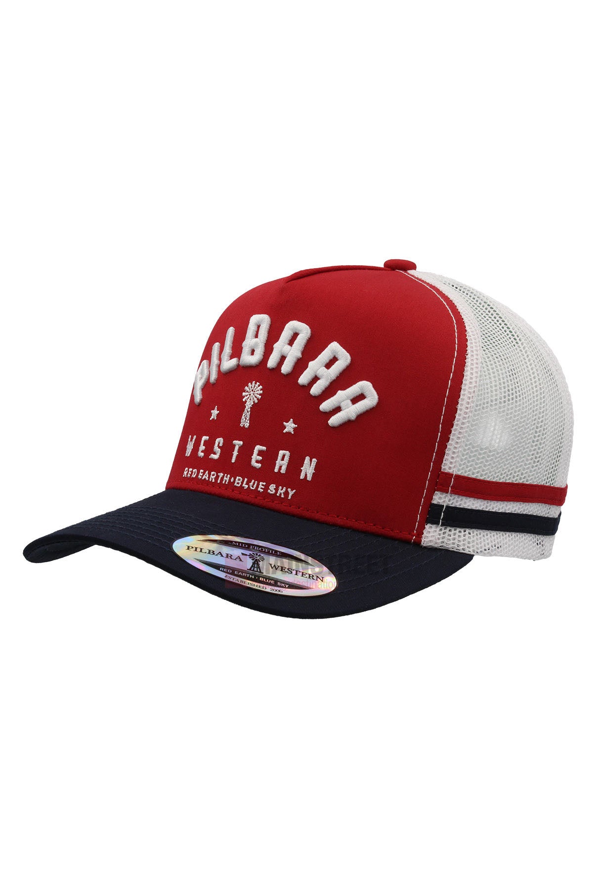 The Pilbara Western Classic Cap is a red and white trucker hat with a navy brim, featuring an embroidered "PILBARRA WESTERN" logo, small text below, and red/navy stripes on the breathable mesh back.