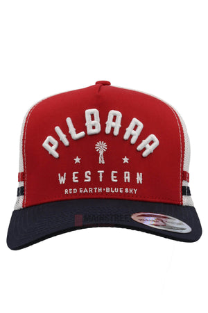 The Pilbara Western Classic Cap features a red and white design, embroidered "PILBARA WESTERN" logo with a windmill, "RED EARTH • BLUE SKY," a breathable mesh back, and a black bill with a stylish sticker.
