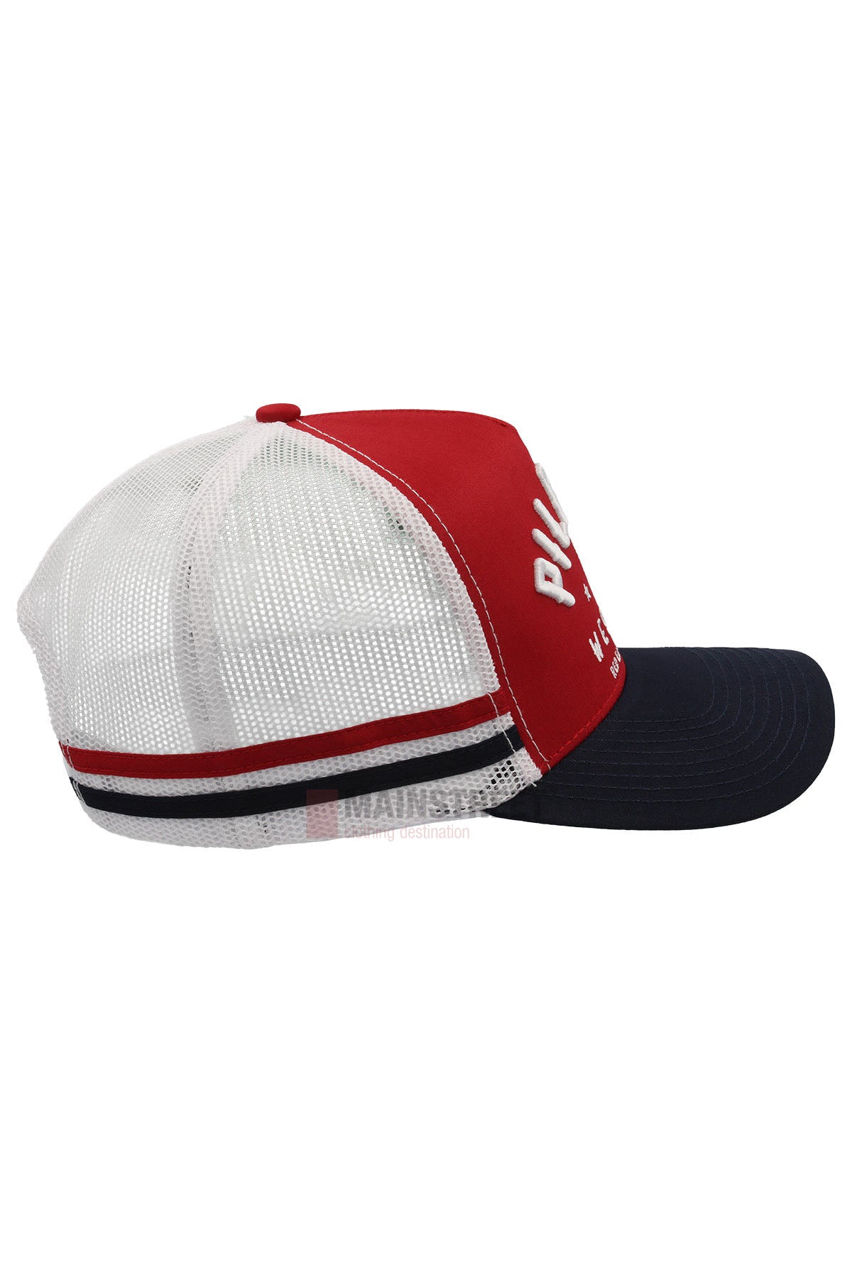 A side view of the Pilbara Western Classic Cap featuring a red front, navy blue brim, mesh back, adjustable strap, and red, white, and navy stripes.