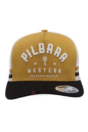 The Pilbara Western Classic Cap features a mustard yellow and black design, breathable mesh back, embroidered "PILBARA WESTERN" logo, a small tree graphic, and "RED EARTH BLUE SKY" in white on the front.
