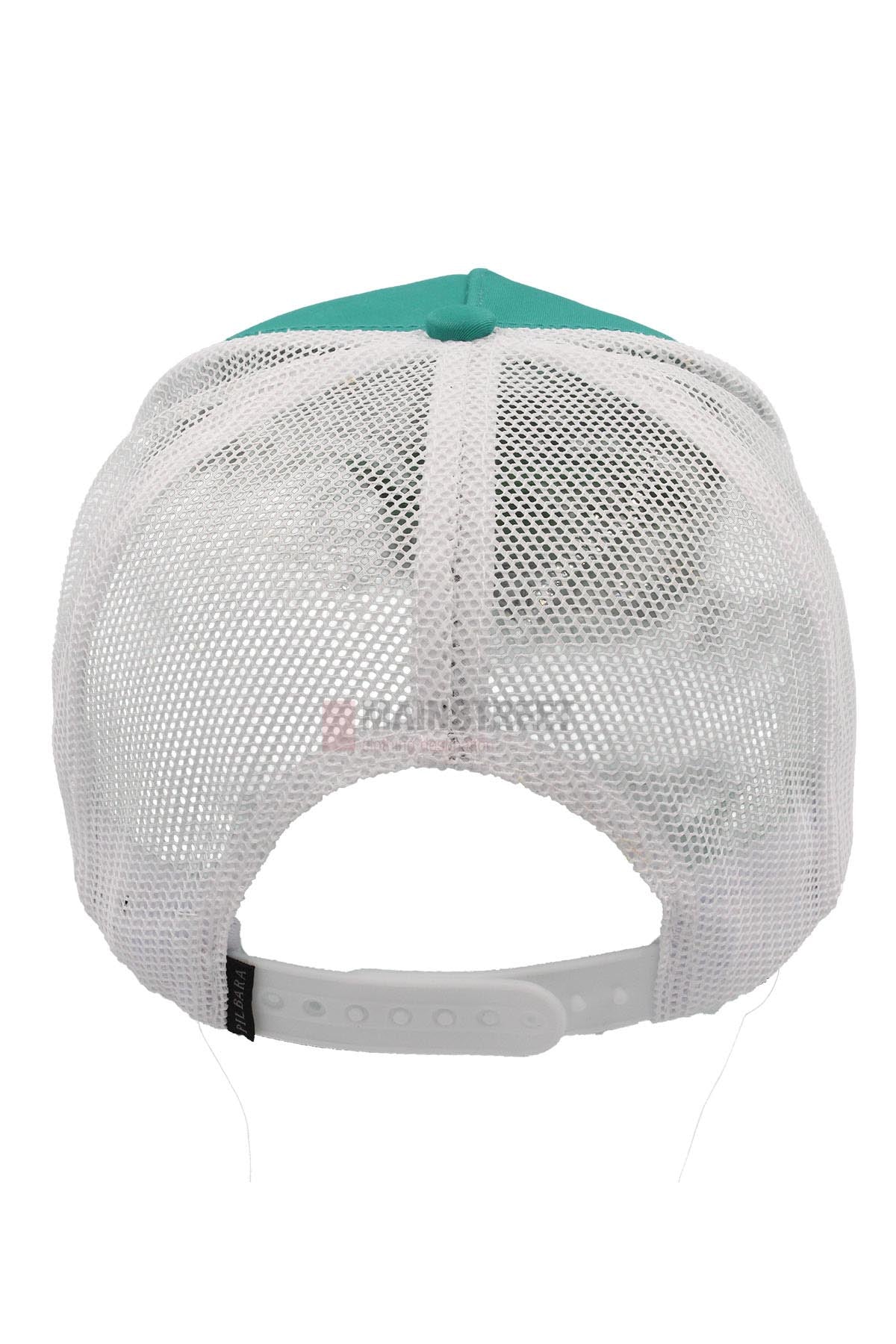 The Pilbara Western Established Cap features a teal top, white breathable mesh back, plastic adjustable snap closure, and a small black tag on the left side.