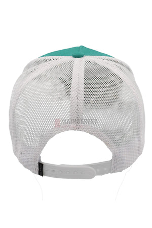 The Pilbara Western Established Cap features a teal top, white breathable mesh back, plastic adjustable snap closure, and a small black tag on the left side.
