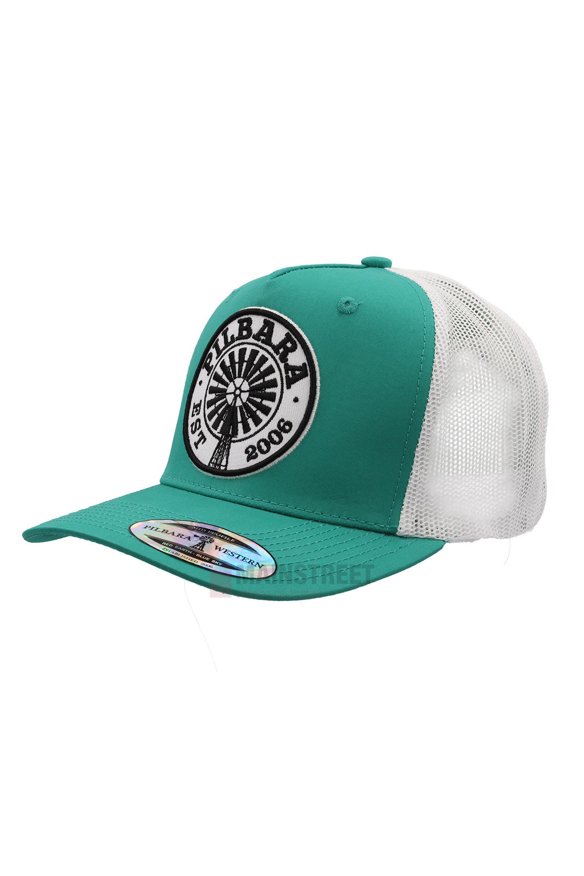 The Pilbara Western Established Cap features a teal design, breathable mesh back, and a round PILBARA EST 2009 windmill patch—perfect for outdoor adventures.