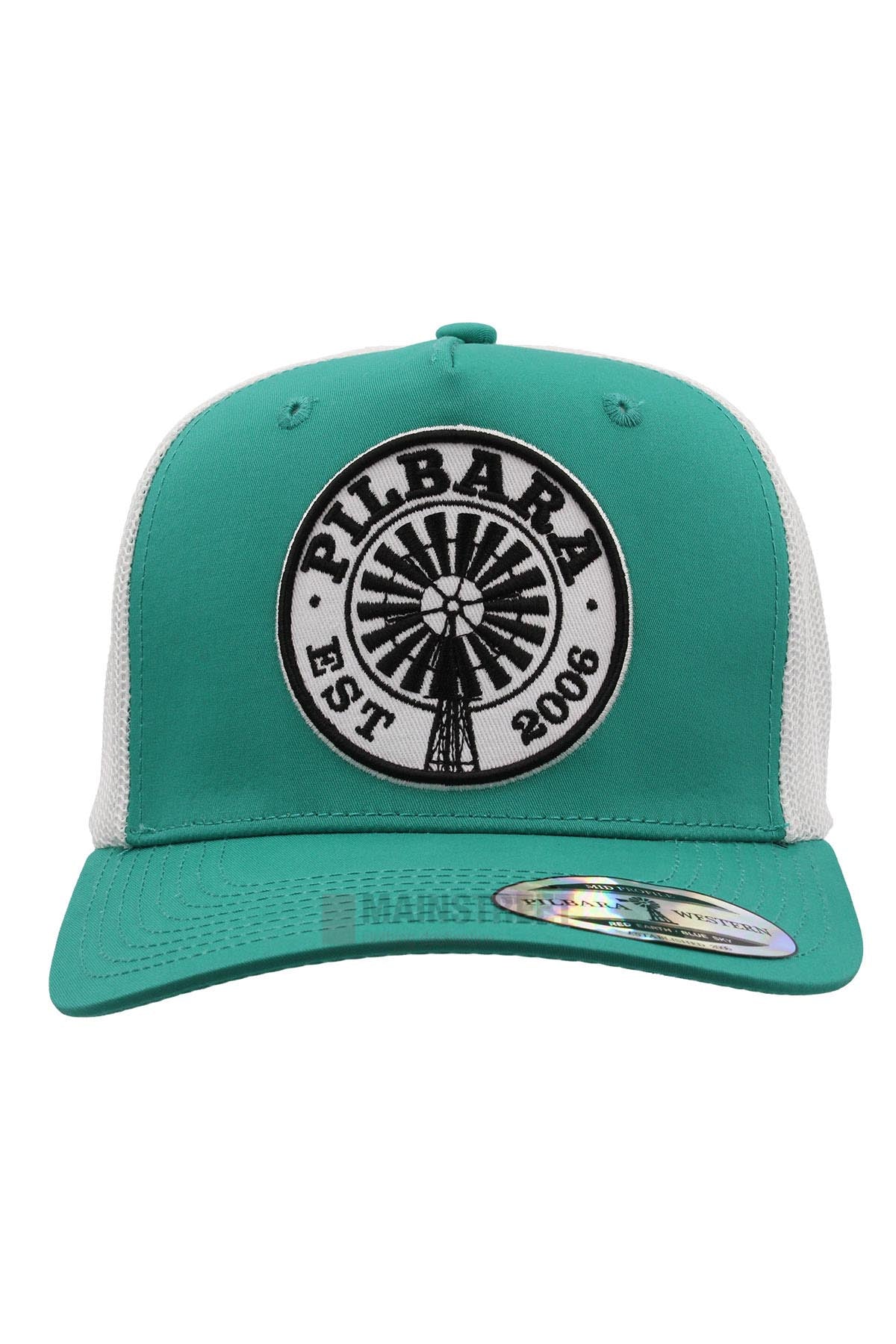 The Pilbara Western Established Cap features a green and white design, a circular "PILBARA EST 2006" windmill patch, breathable mesh back for outdoor comfort, and a shiny brim sticker for added style.