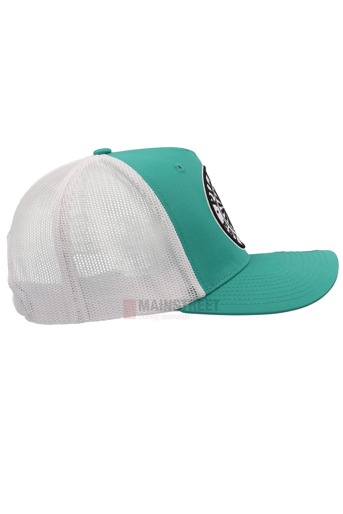 Side view of the Pilbara Western Established Cap in teal and white. Features a black and white circular patch, teal front panels and brim, plus a breathable mesh back for all-day outdoor comfort.