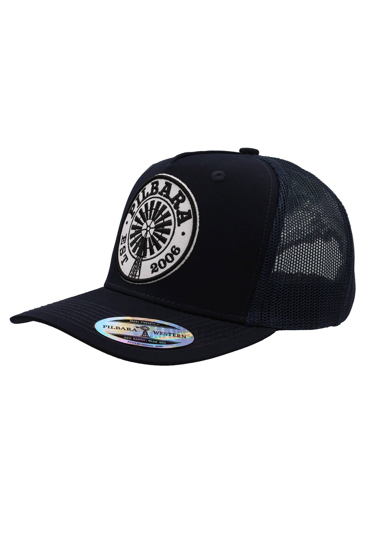 The Pilbara Western Established Cap is a black mesh cap with a curved brim and front patch reading "PILBARA EST. 2008" around a graphic design. It features western style and includes a sticker on the bill.