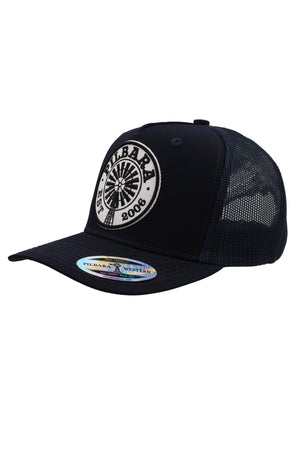 The Pilbara Western Established Cap is a black mesh cap with a curved brim and front patch reading "PILBARA EST. 2008" around a graphic design. It features western style and includes a sticker on the bill.