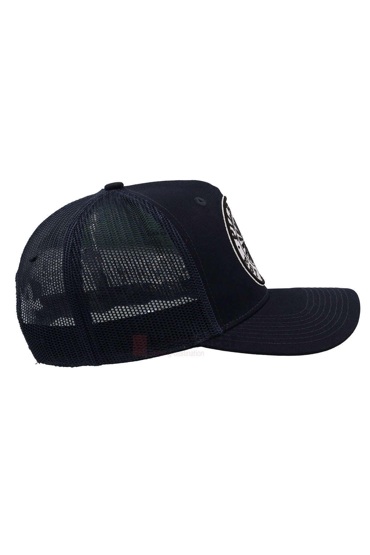 Side view of the Pilbara Western Established Cap—black, with a breathable mesh back, solid front panel, and curved brim. An embroidered western-style logo appears on the front. The cap is set against a white background.