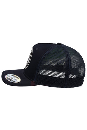 The Pilbara Western Established Cap, shown from the side, is a black breathable mesh cap with a curved brim featuring a sticker and a mesh back panel for ventilation.