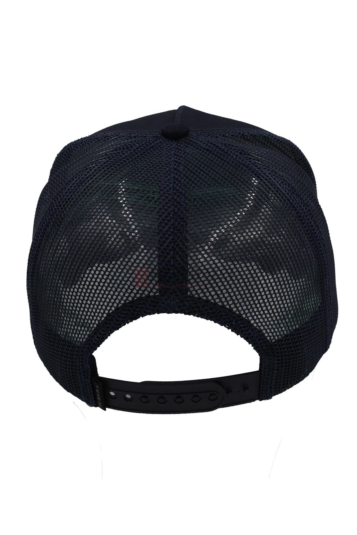 The Pilbara Western Established Cap is a classic black trucker hat with breathable mesh and an adjustable snapback closure, shown from the rear.