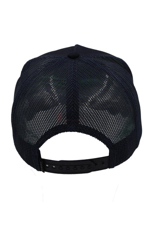 The Pilbara Western Established Cap is a classic black trucker hat with breathable mesh and an adjustable snapback closure, shown from the rear.