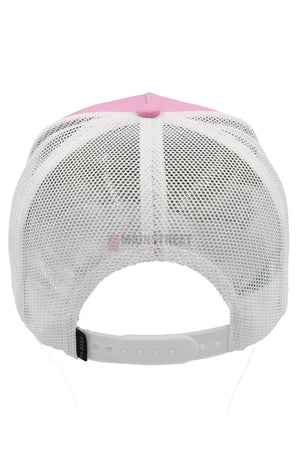 The image displays the back of the Pilbara Western Established Cap, featuring a pink top, white breathable mesh, and a plastic adjustable strap. The inside label is visible through the mesh, blending style and function for outdoor adventures.