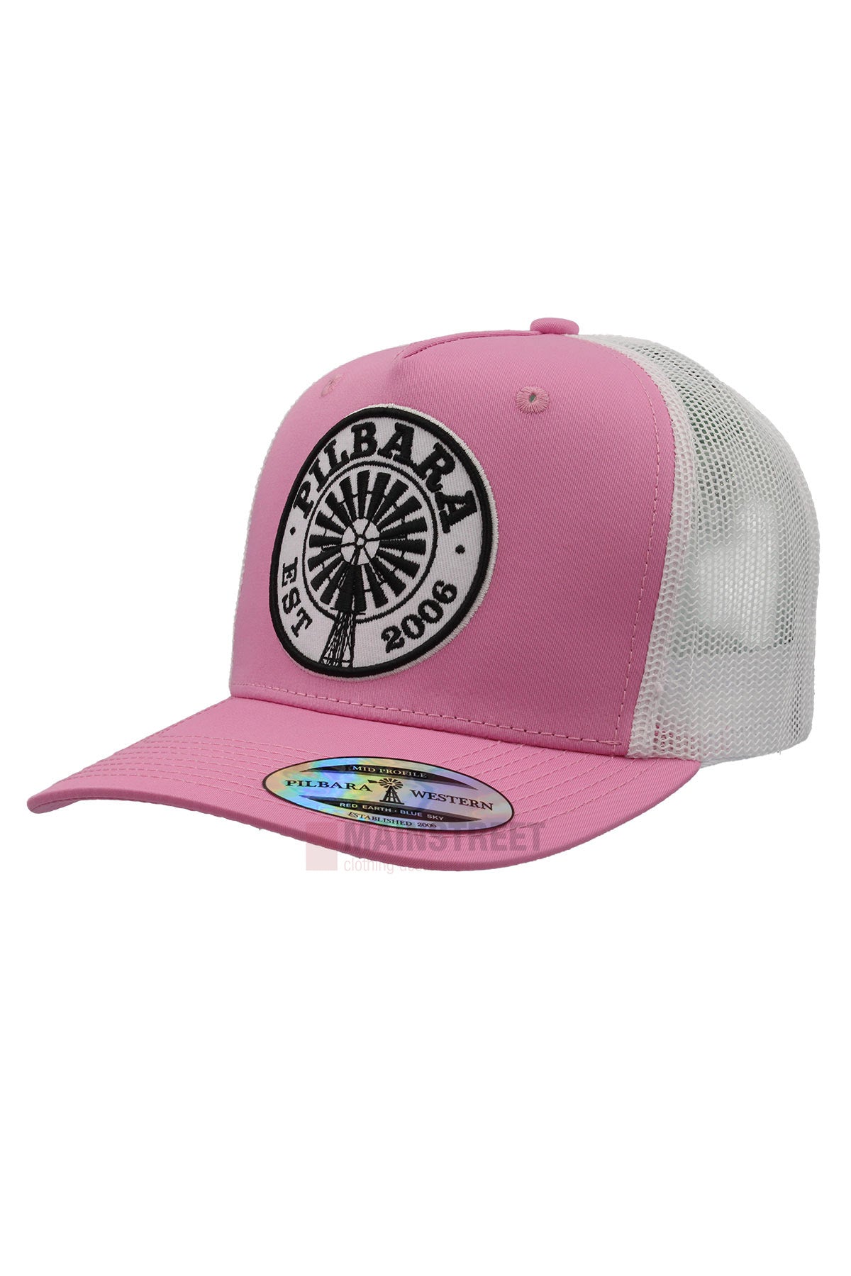 The Pilbara Western Established Cap features a pink western design, white breathable mesh back, and a round black and white "PILBARA EST 2006" patch with a windmill. Ideal for outdoor adventure.