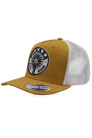 The Pilbara Western Established Cap is a brown and white mesh-back hat with a front patch reading "Hilbarn Est 2008" and a dartboard graphic—ideal for your next outdoor adventure.