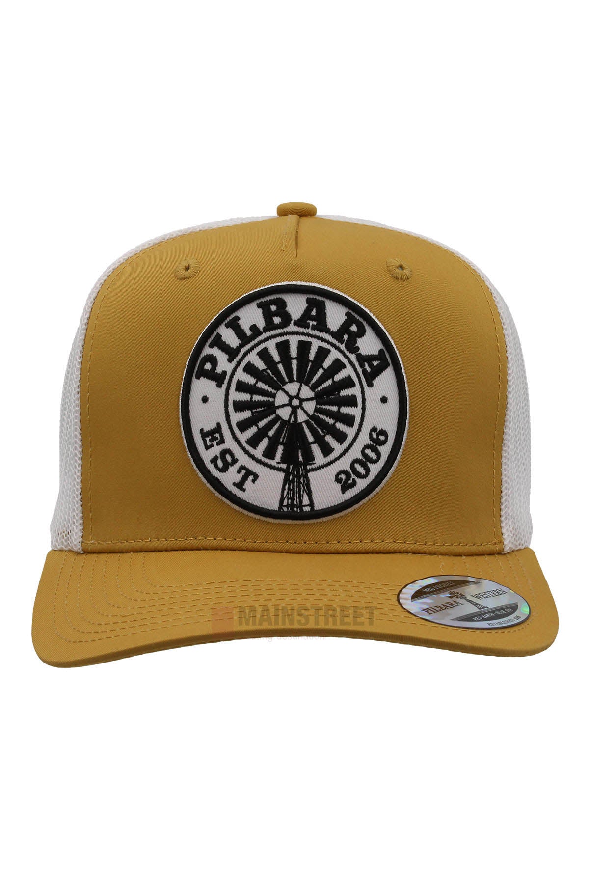 The Pilbara Western Established Cap features a mustard yellow and white western style, a round black-and-white "PILBARA EST 2008" windmill patch, breathable mesh panels, and a brim sticker—ideal for any outdoor adventure.