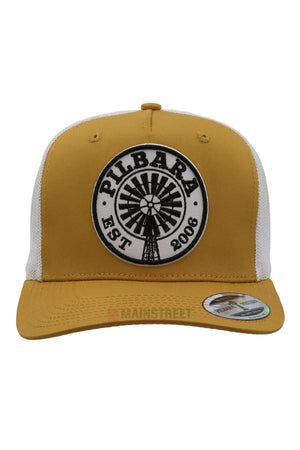The Pilbara Western Established Cap features a mustard yellow and white western style, a round black-and-white "PILBARA EST 2008" windmill patch, breathable mesh panels, and a brim sticker—ideal for any outdoor adventure.