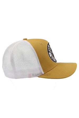 Side view of the Pilbara Western Established Cap—a yellow and white breathable mesh cap featuring a round black and white front patch—perfect for outdoor adventure.