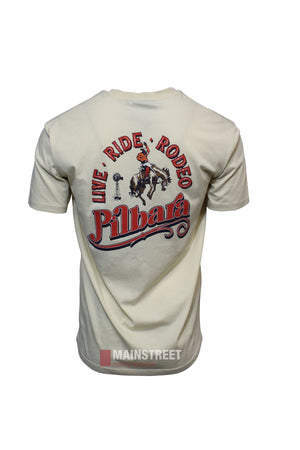 Back view of the Pilbara Western Rodeo T-Shirt in cream, crafted from 100% cotton jersey knit, featuring a cowboy on a bucking horse and "WE RIDE RODEO PILBARA" printed boldly on the back.