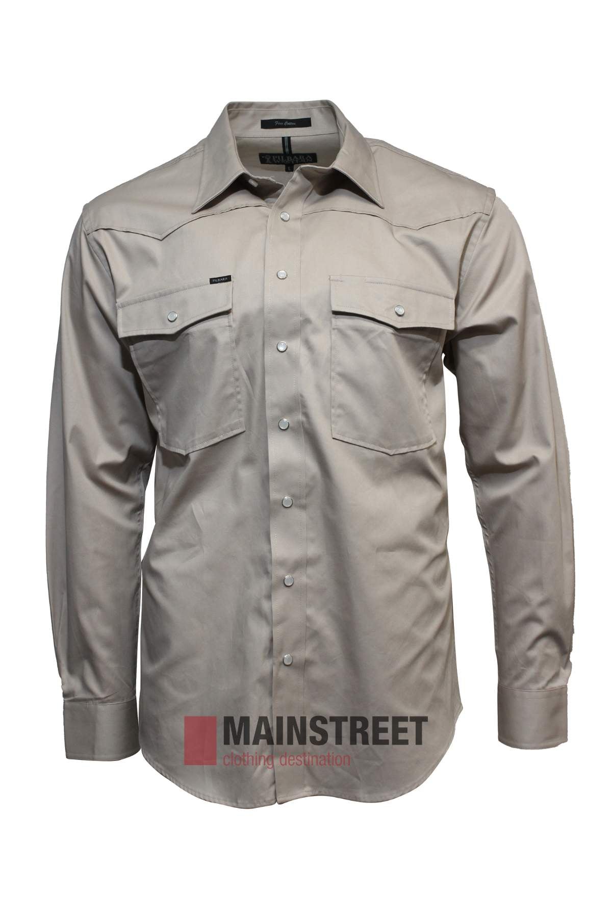 The Pilbara Western Snap Button Long Sleeve Shirt is a beige, ultra-fine cotton men’s shirt featuring two front chest pockets with buttoned flaps, neatly pressed and displayed on a plain white background. No visible patterns.