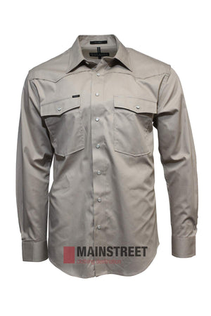 The Pilbara Western Snap Button Long Sleeve Shirt is a beige, ultra-fine cotton men’s shirt featuring two front chest pockets with buttoned flaps, neatly pressed and displayed on a plain white background. No visible patterns.