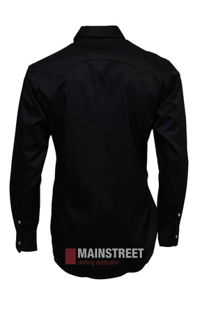 Back view of the Pilbara Western Snap Button Long Sleeve Shirt, a black collared button-up in ultra-fine cotton. Displayed on a white background with the "MAINSTREET clothing destination" logo at the image bottom.