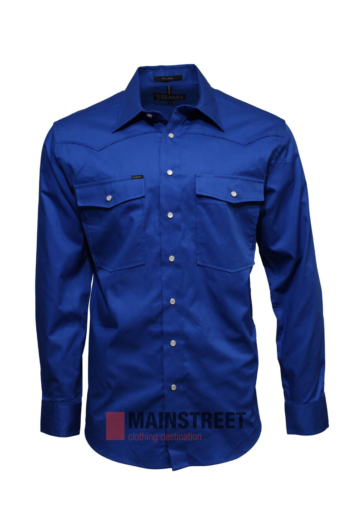 The Pilbara Western Snap Button Long Sleeve Shirt in royal blue features easy-care cotton, two chest pockets, silver snap buttons, and "MAINSTREET" branding at the hem, shown on a white background.