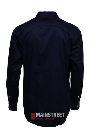 A black Pilbara Western Snap Button Long Sleeve Shirt is shown from the back, featuring cuff buttons. The background is plain, with the "MAINSTREET clothing destination" logo at the bottom.
